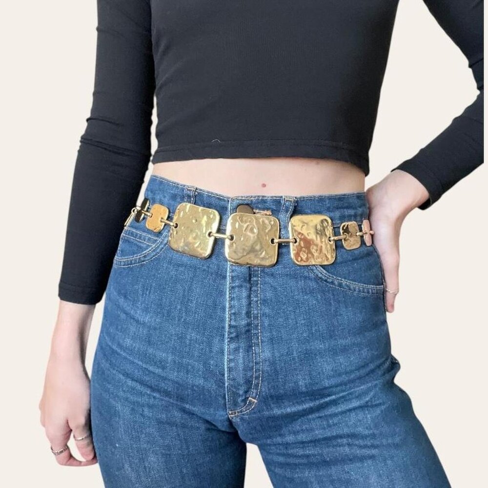 Y2k vintage hammered gold squares chain belt - Picture 3 of 6